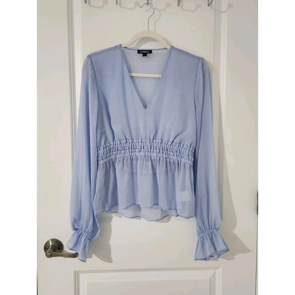 Express semi-sheer, long-sleeve V-neck blouse‎ smocked waist ruffle Cuffs Size S